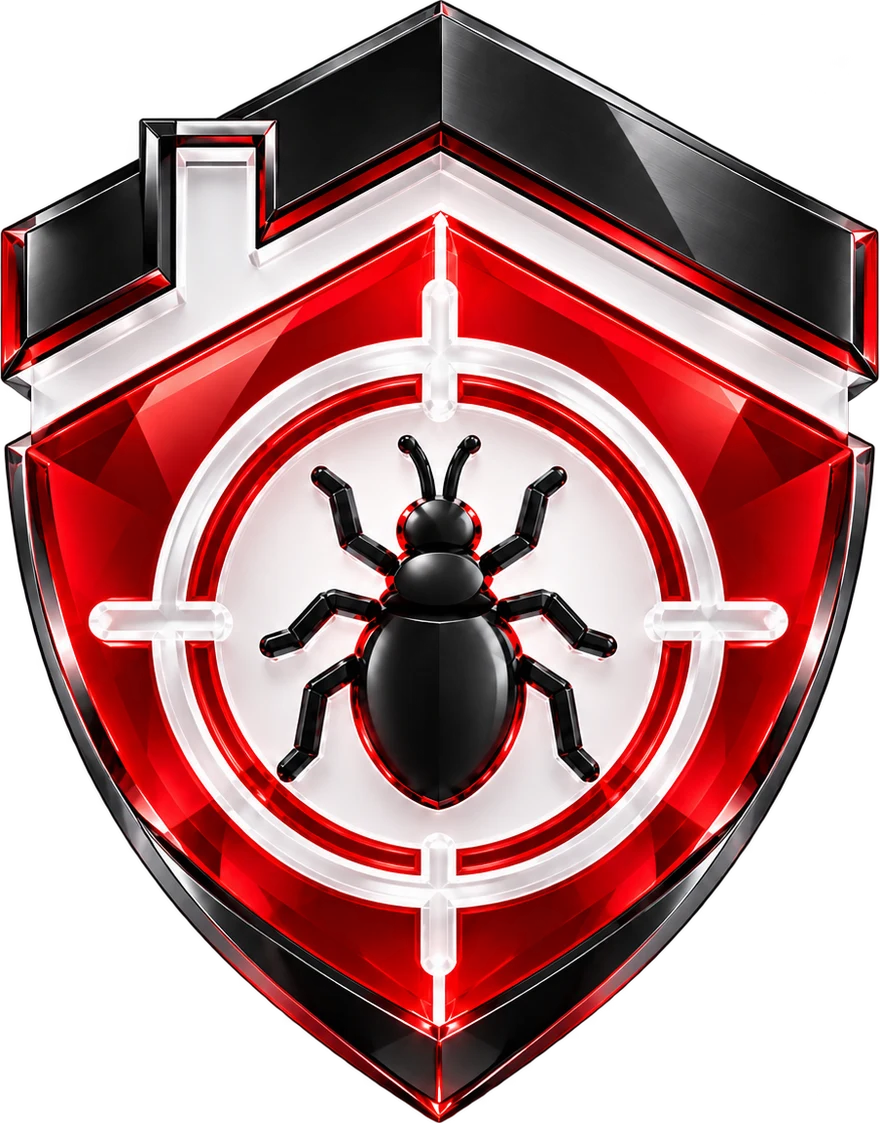 Escudo Pest Control em cristal vermelho, branco e preto, com símbolo de proteção contra pragas