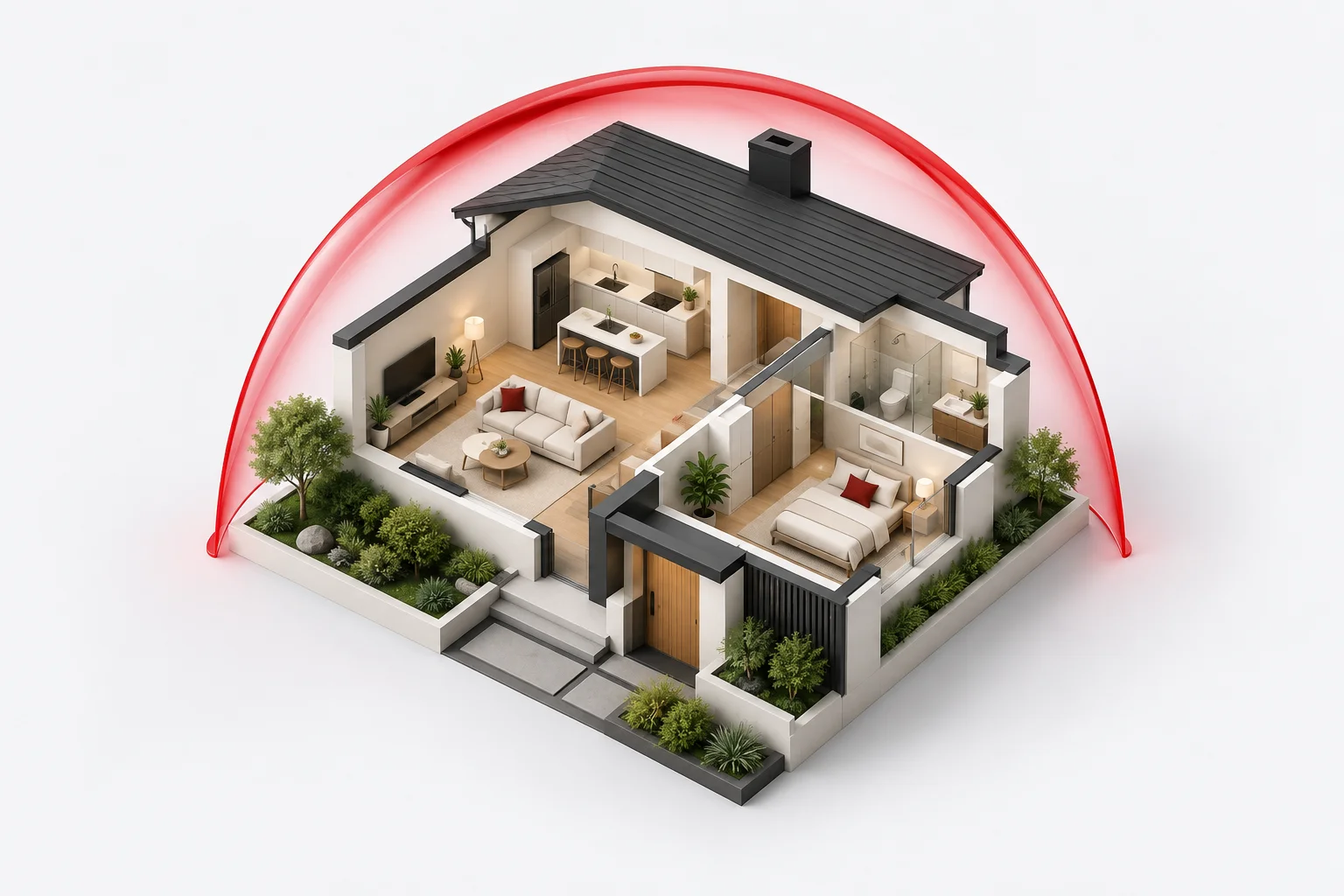 Casa em perspectiva com os ambientes visíveis sob um arco vermelho de proteção