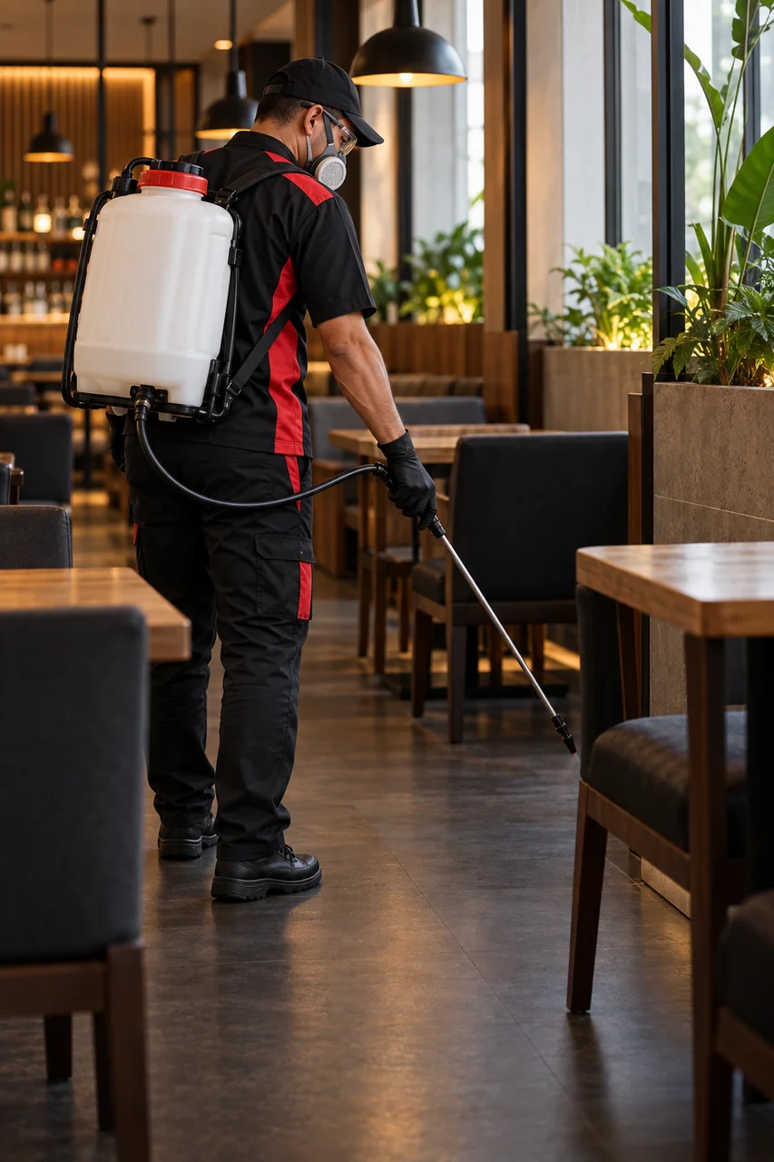 Técnico de costas com uniforme preto e vermelho e equipamentos de proteção em ambiente comercial