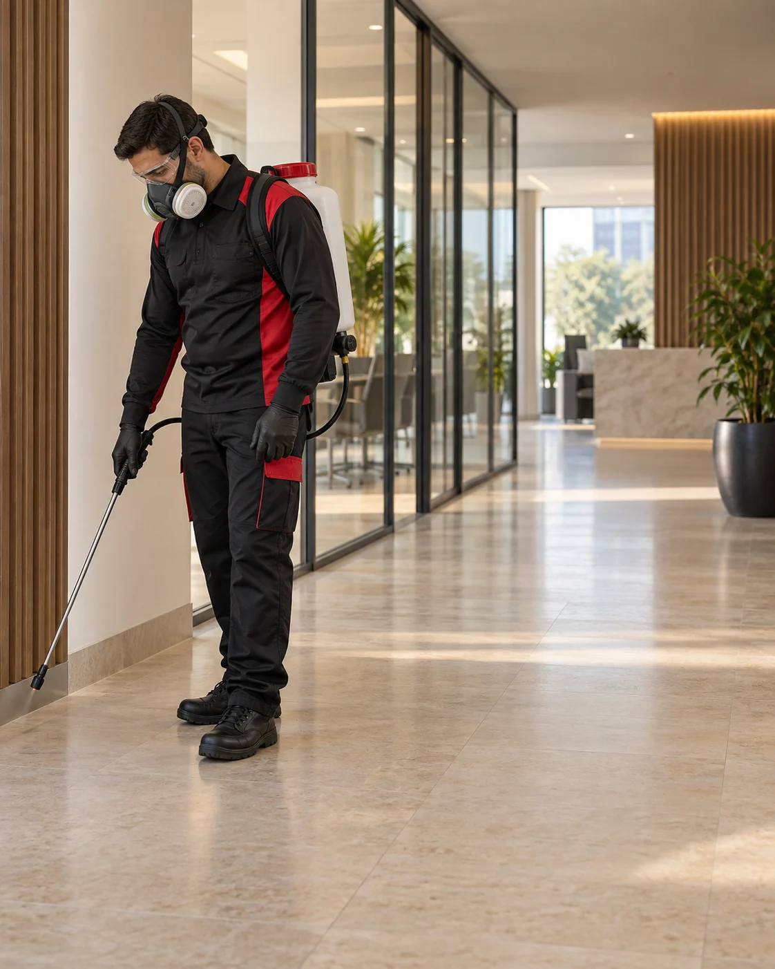 Técnico com uniforme preto e vermelho e equipamentos de proteção em um ambiente comercial