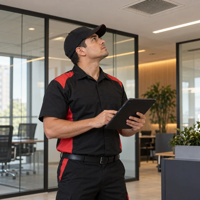 Técnico com tablet avaliando um ambiente comercial