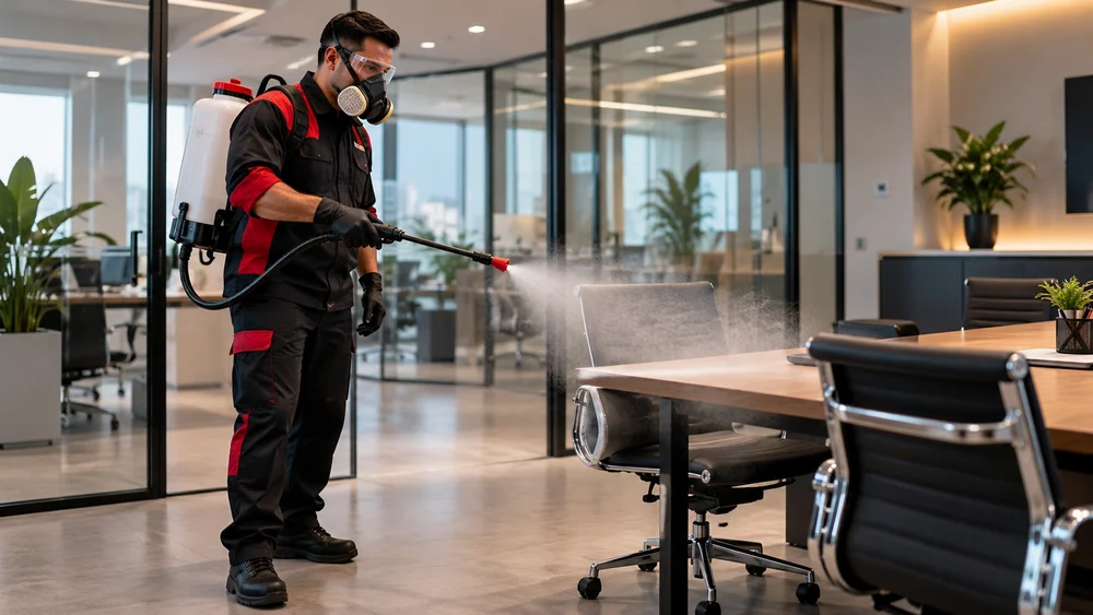 Técnico com equipamentos de proteção em um ambiente comercial